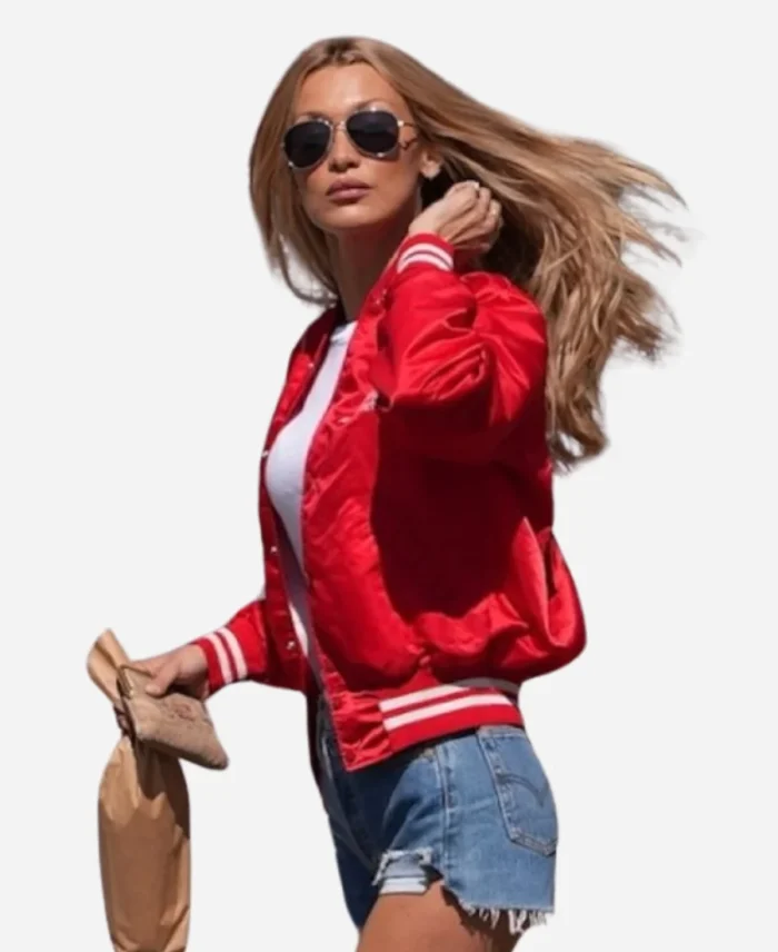 Bella-Hadid-Street-Style-2025-Red-Varsity-Bomber-Jacket