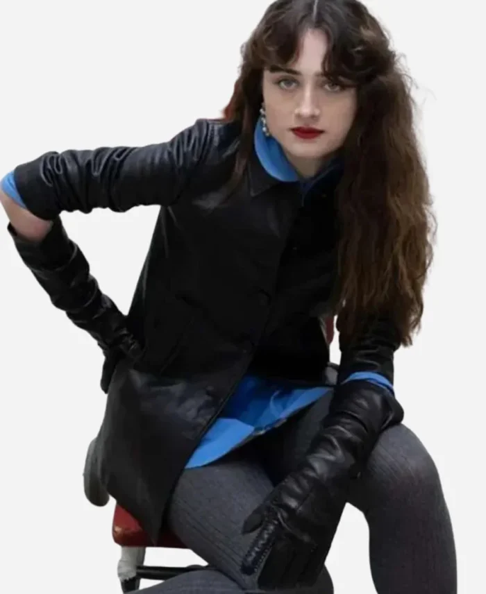 British-Actress-Raffey-Cassidy-2025-Black-Long-Leather-Jacket