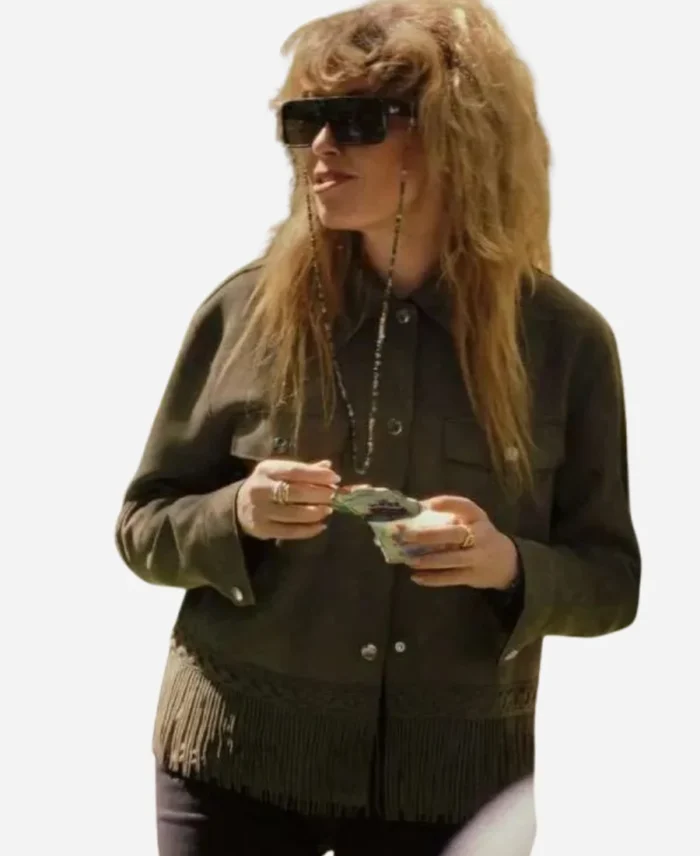 Charlie-Cale-Poker-Face-Green-Fringe-Leather-Jacket