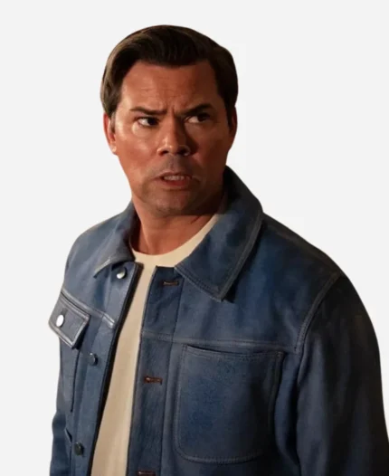 Cole-Movie-I-Dont-Understand-You-2025-Andrew-Rannells-Blue-Leather-Jacket