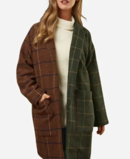 Down-Home-Fab-Season-3-Chelsea-DeBoer-Two-Tone-Plaid-Longline-Brown-Olive-Coat