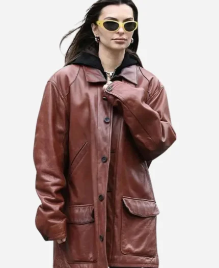 Emily-Ratajkowski-2025-Burgundy-Leather-Jacket