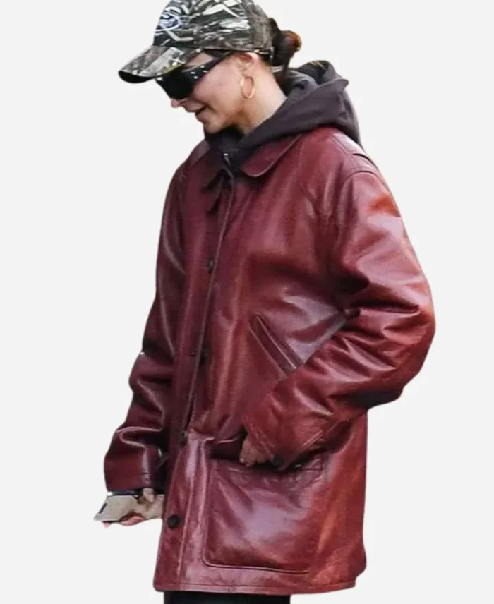 Emily-Ratajkowski-2025-Leather-Burgundy-Jacket