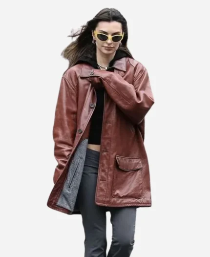 Emily-Ratajkowski-New-York-City-2025-Burgundy-Leather-Jacket