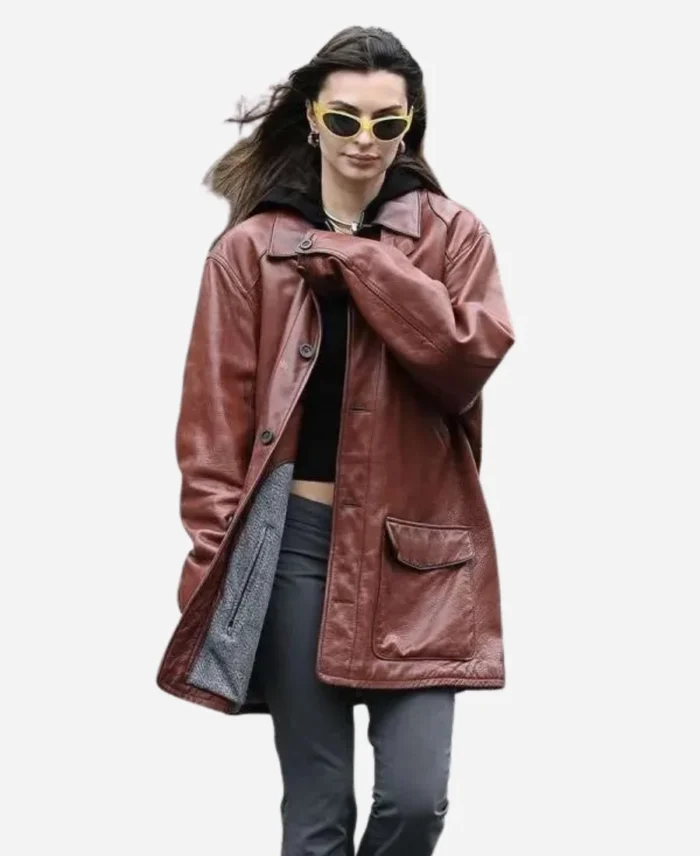 Emily-Ratajkowski-New-York-City-2025-Burgundy-Leather-Jacket