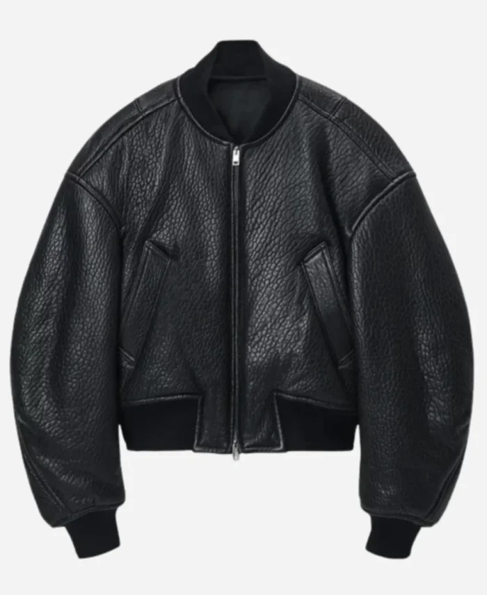 Gigi-Hadid-Paris-Fashion-Week-Black-Leather-Bomber-Jacket