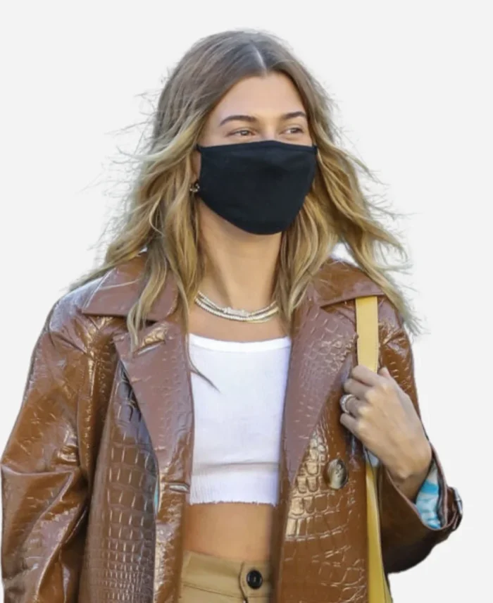 Hailey-Bieber-Brown-Leather-Coat