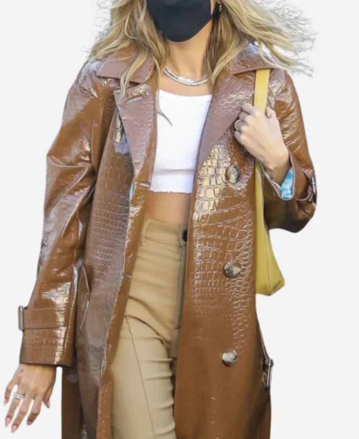 Hailey-Bieber-Leather-Brown-Coat