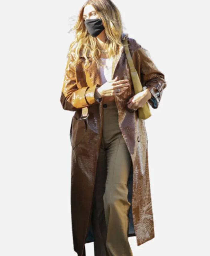 Hailey-Bieber-Trench-Brown-Leather-Coat-For-Womens