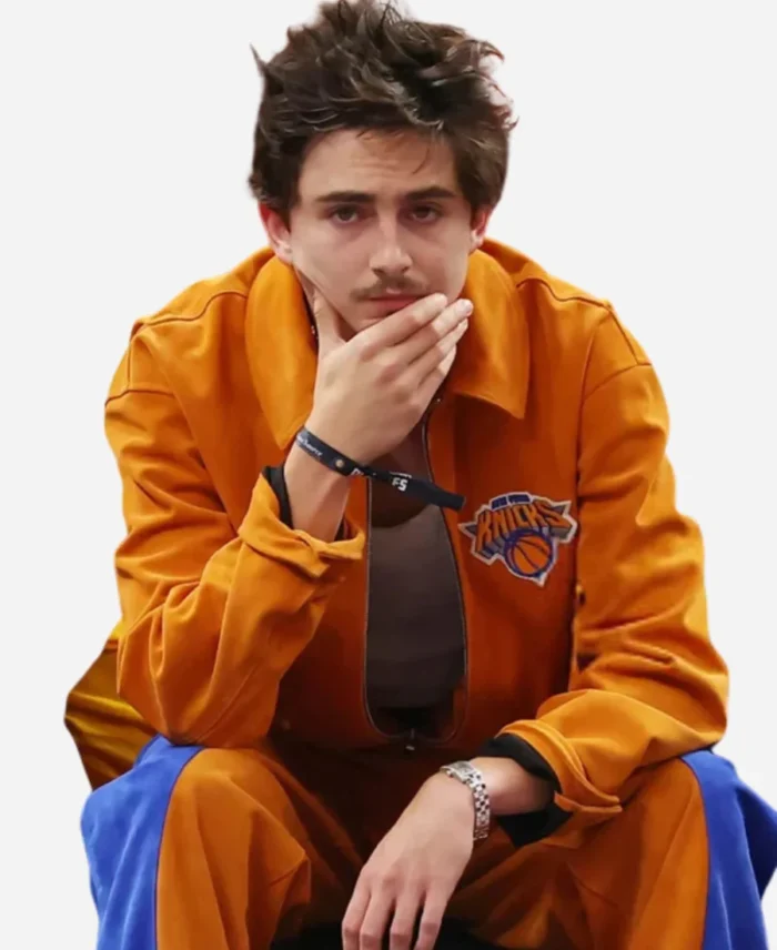 Knicks-Game-Six-Timothee-Chalamet-Orange-Bomber-Jacket