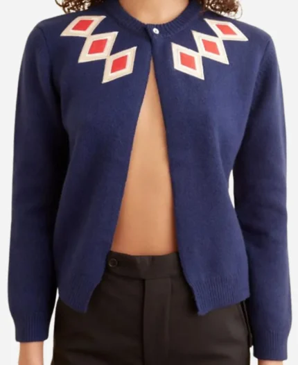 Lucy-Movie-Materialists-2025-Dakota-Johnson-Blue-Argyle-Cardigan