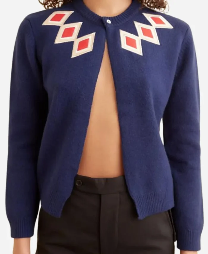 Lucy-Movie-Materialists-2025-Dakota-Johnson-Blue-Argyle-Cardigan