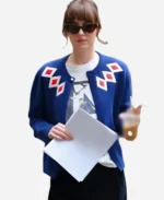 Materialists-2025-Dakota-Johnson-Blue-Argyle-Cardigan