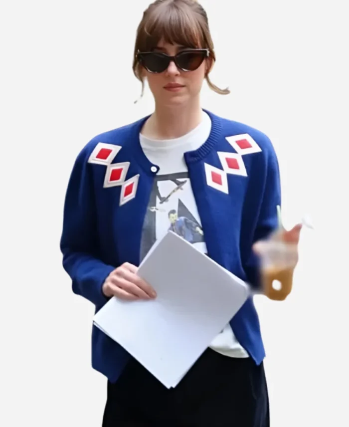 Materialists-2025-Dakota-Johnson-Blue-Argyle-Cardigan