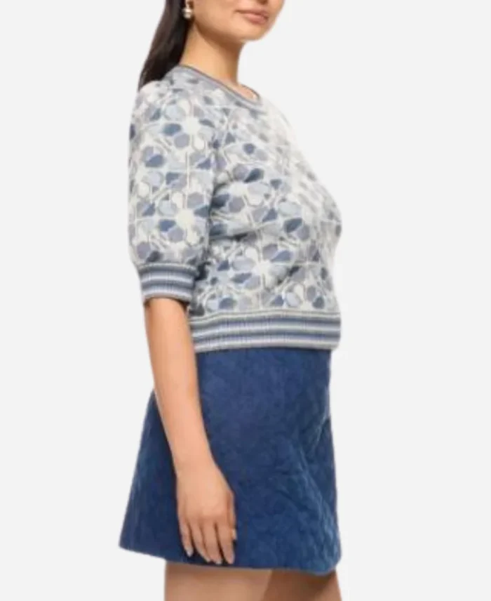 NBC-News-Daily-2025-Kate-Snow-Blue-Floral-Stripe-Trim-Knit-Puff-Sleeve-Sweater-Top