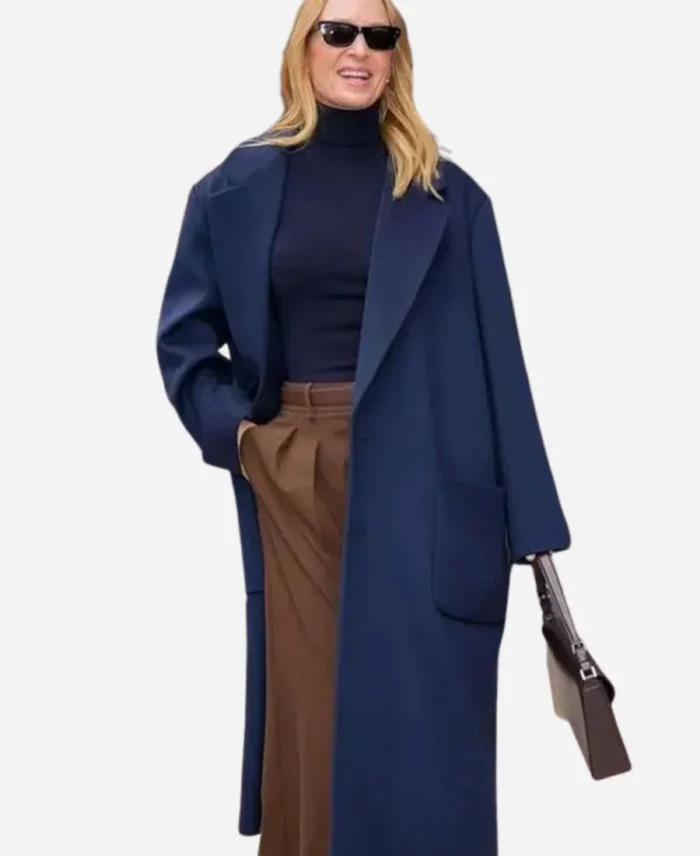 NYFW-2025-Uma-Thurman-Blue-Trench-Coat