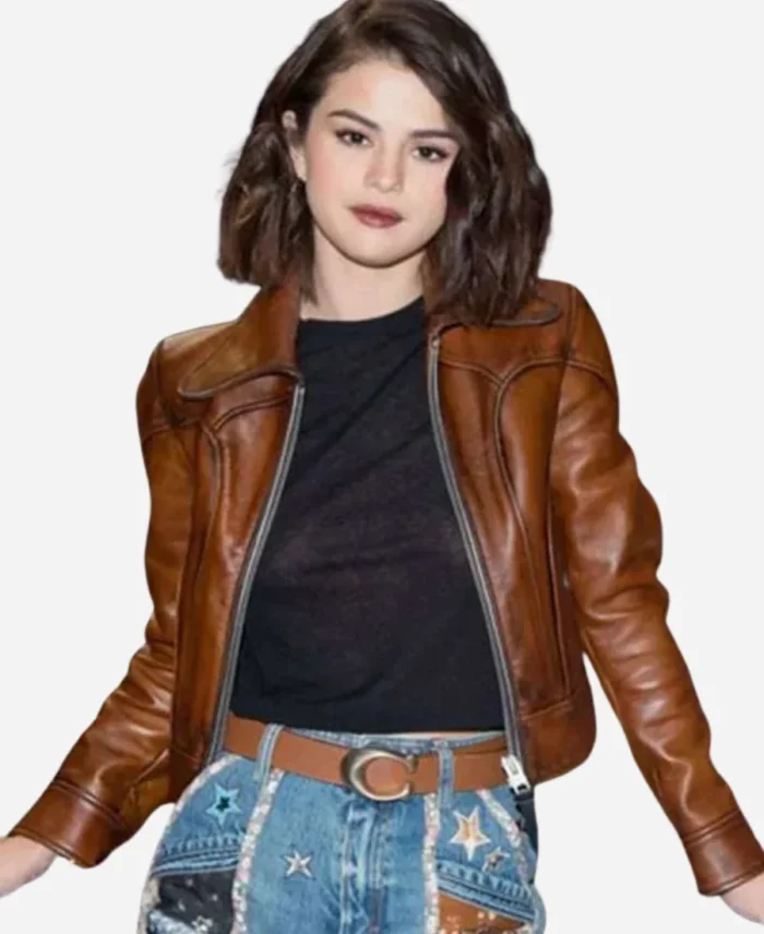 New-York-Fashion-Week-Coach-Runway-Show-Selena-Gomez-Brown-Leather-Jacket