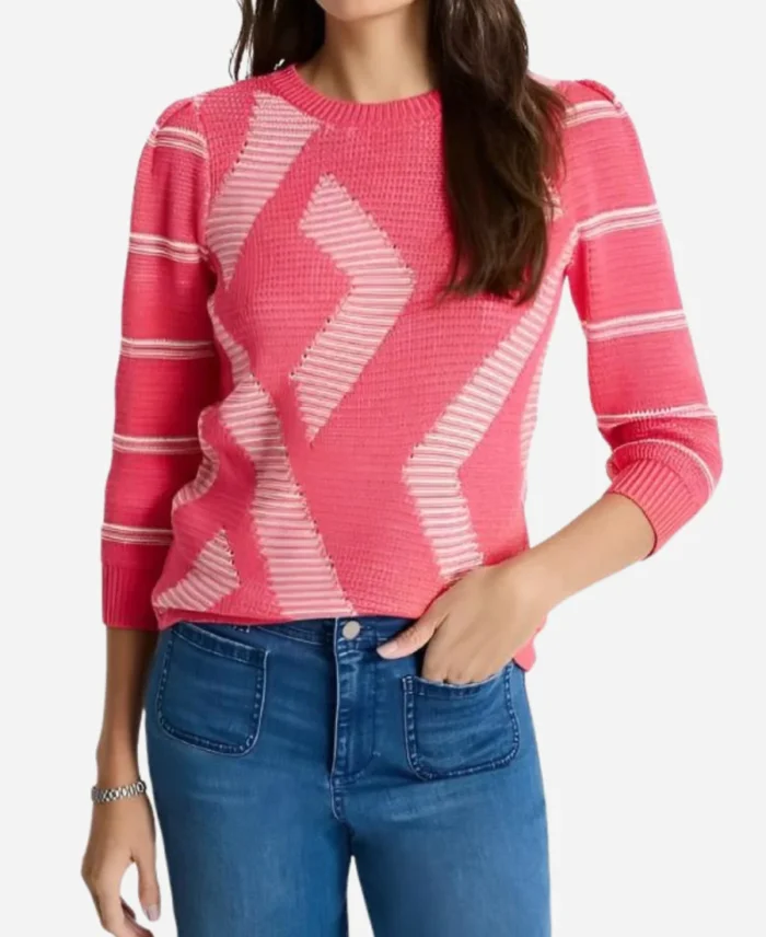 Rebecca-Budig-TV-Series-Bold-and-the-Beautiful-2025-Taylor-Hayes-Jacquard-Geo-Sweater-In-Pink