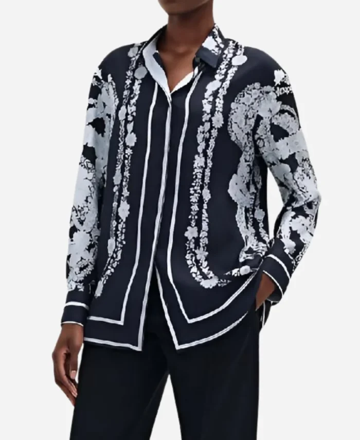 TV-Series-Yes-Chef-2025-Martha-Stewart-Floral-Silk-Black-And-White-Blouse