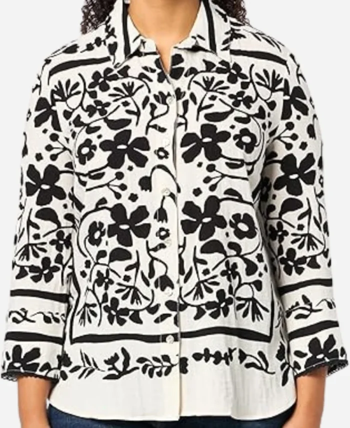TV-Show-Love-Hotel-Season-01-Gizelle-Bryant-White-Black-Floral-Print-Shirt