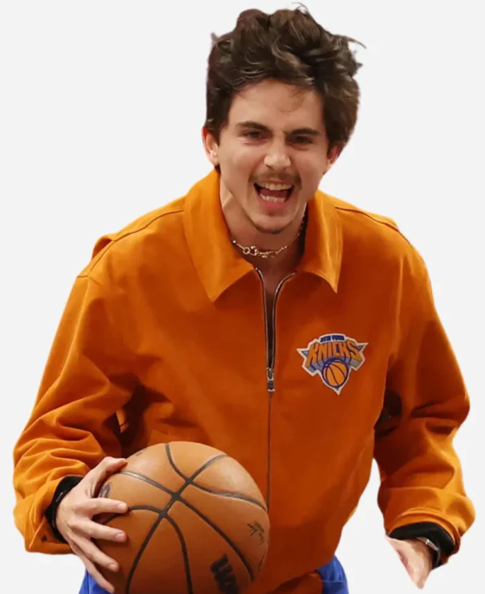 Timothee-Chalamet-Knicks-Game-Six-Orange-Bomber-Jacket