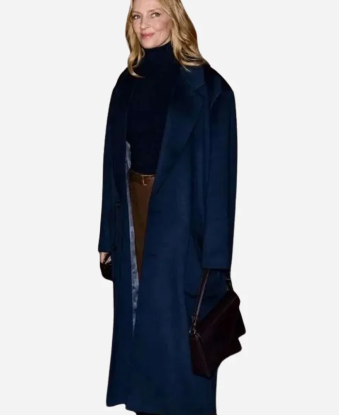 Uma-Thurman-NYFW-2025-Blue-Trench-Coat