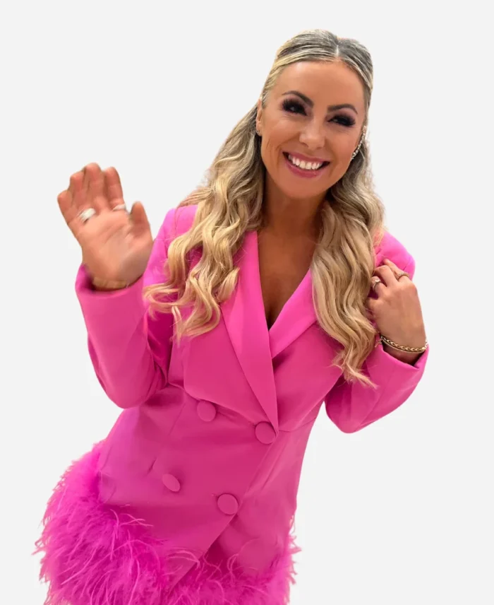 WWE-NXT-2025-Sarah-Schreiber-Feathers-Trim-Blazer-Dress
