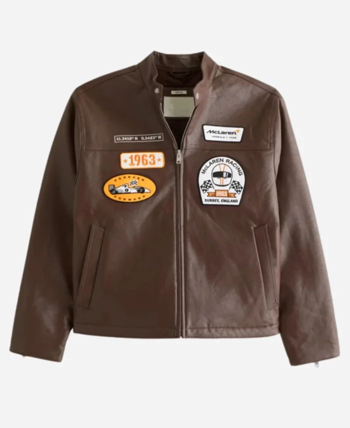  Abercrombie McLaren Leather Brown Racer Jacket For Sale
