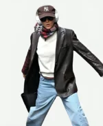 Emma Watson Paris Street Style 2025 Brown Leather Blazer For Sale