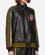 GUCCI Strawberry Patch Black Leather Track Bomber Jacket