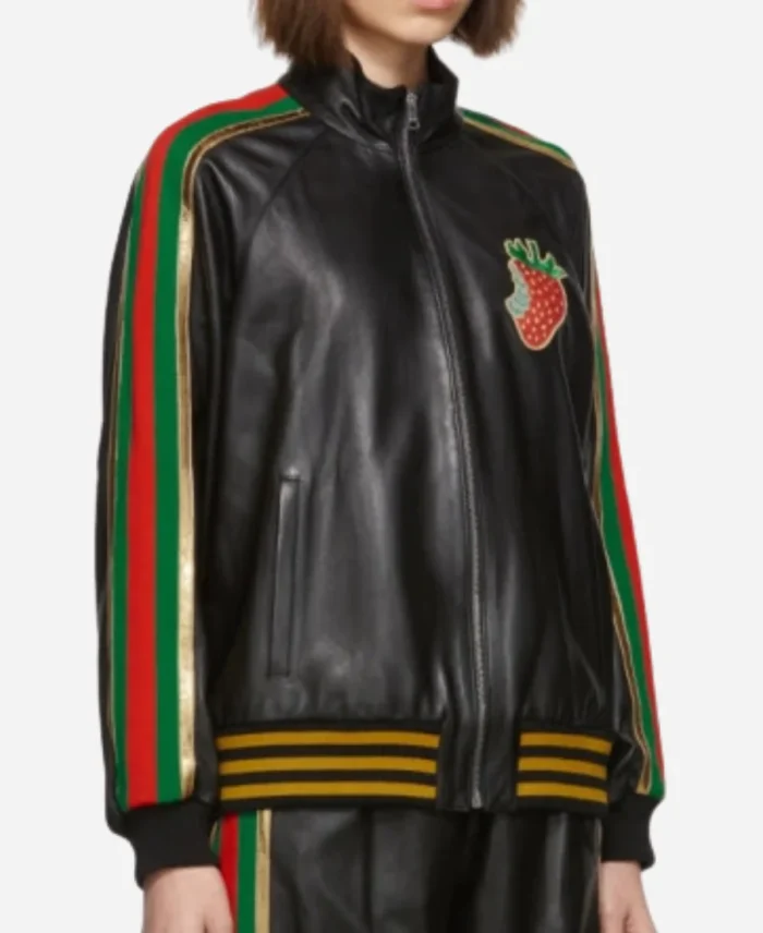 GUCCI Strawberry Patch Black Leather Track Bomber Jacket