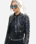 Gigi Hadid Black Leather Studded Jacket For Sale