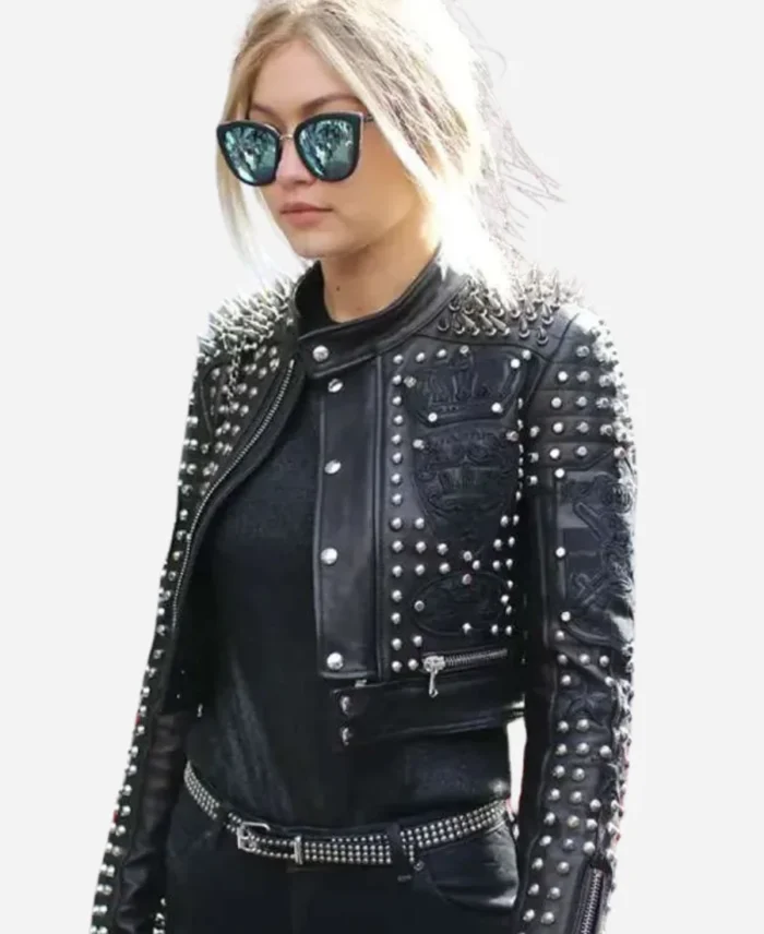 Gigi Hadid Black Leather Studded Jacket For Sale