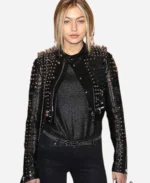 Gigi Hadid Street Style Studded Cropped Black Leather Jacket