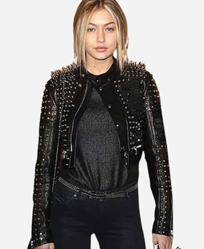 Gigi Hadid Street Style Studded Cropped Black Leather Jacket