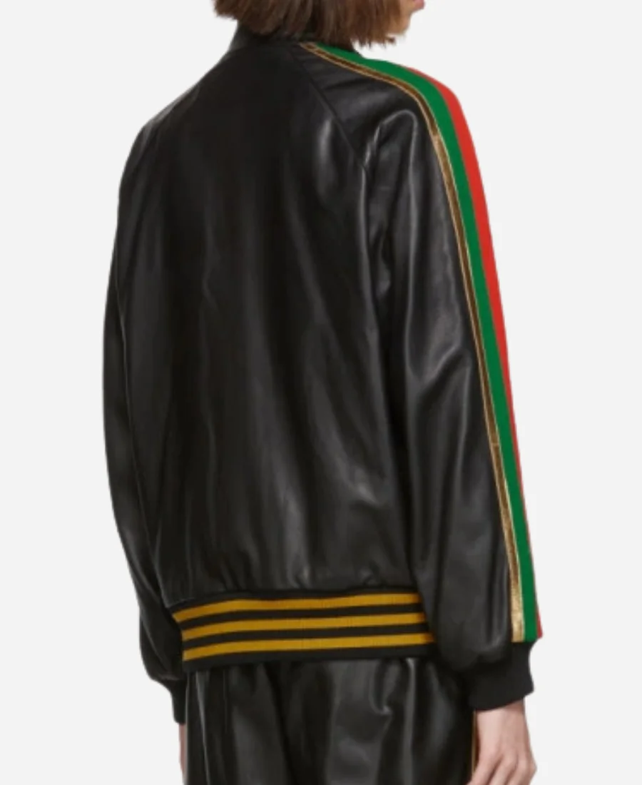 Gucci Black Leather Strawberry Patch Track Jacket Gucci Black Leather Strawberry Patch Track Jacket