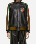 Gucci Strawberry Patch Black Leather Track Jacket