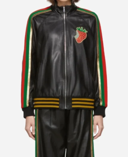 Gucci Strawberry Patch Black Leather Track Jacket