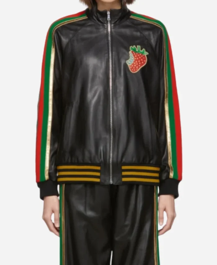 Gucci Strawberry Patch Black Leather Track Jacket