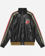Gucci Strawberry Patch Black Leather Track Jacket For Sale