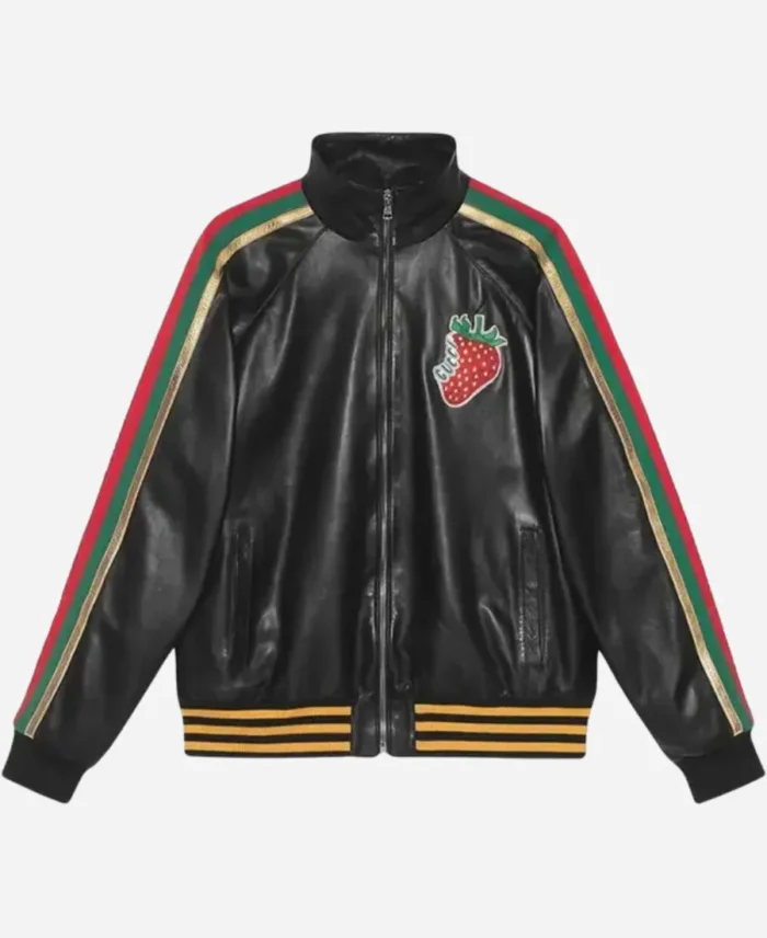 Gucci Strawberry Patch Black Leather Track Jacket For Sale