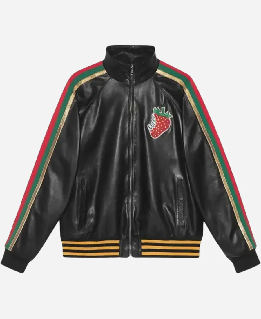 Gucci Strawberry Patch Black Leather Track Jacket For Sale Gucci Strawberry Patch Black Leather Track Jacket For Sale