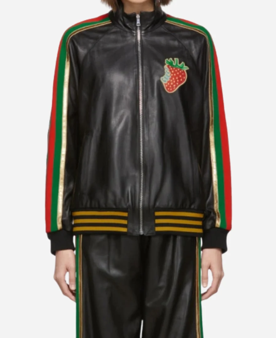 Gucci Strawberry Patch Black Leather Track Jacket Gucci Strawberry Patch Black Leather Track Jacket