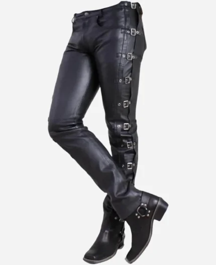 Handmade Black Leather Pants with Side Buckles