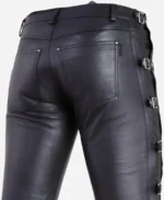 Handmade Black Leather Pants with Side Buckles For Sale