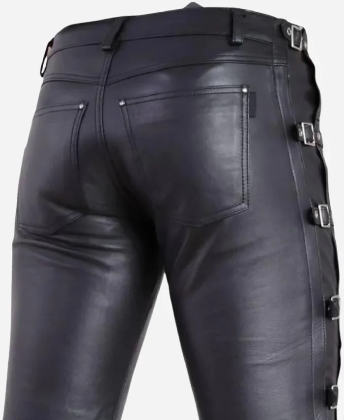 Handmade Black Leather Pants with Side Buckles For Sale