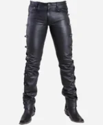 Handmade Side Buckles Black Leather Pants
