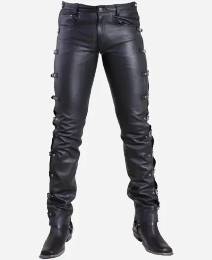 Handmade Side Buckles Black Leather Pants