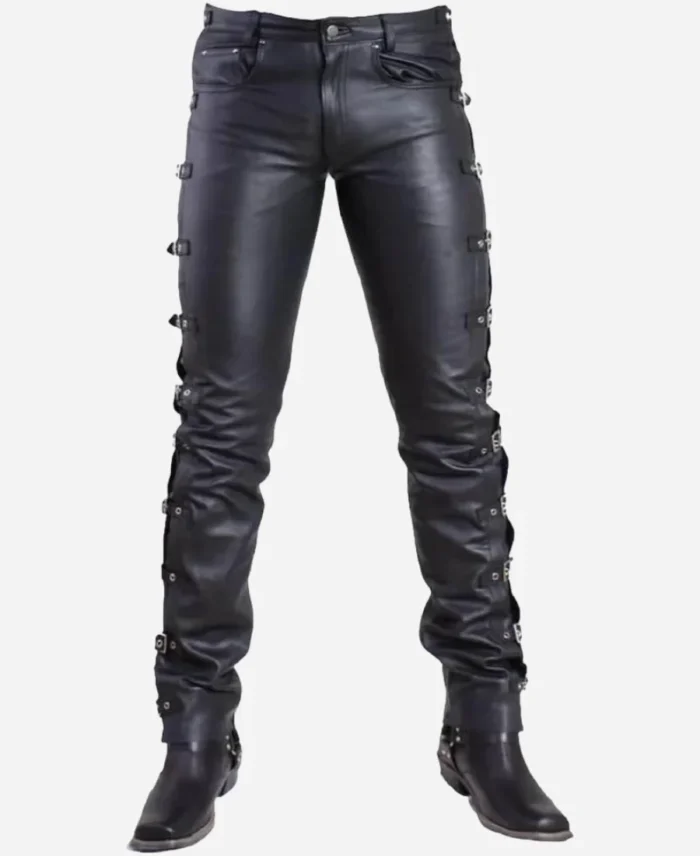 Handmade Side Buckles Black Leather Pants