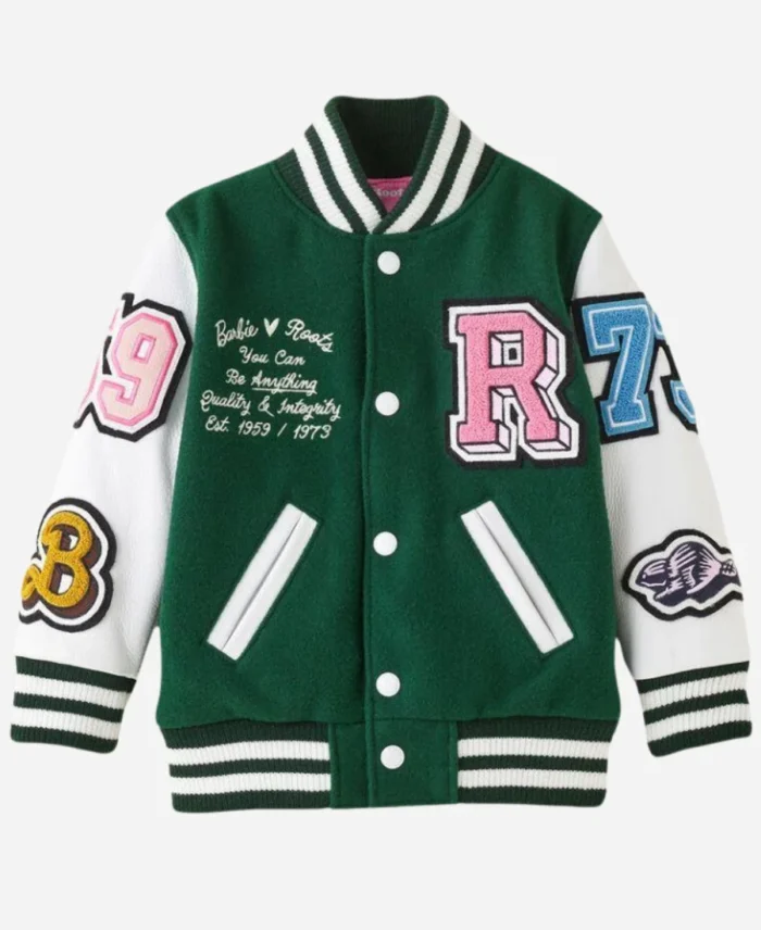 Leather Varsity Jacket For Women in Green & White